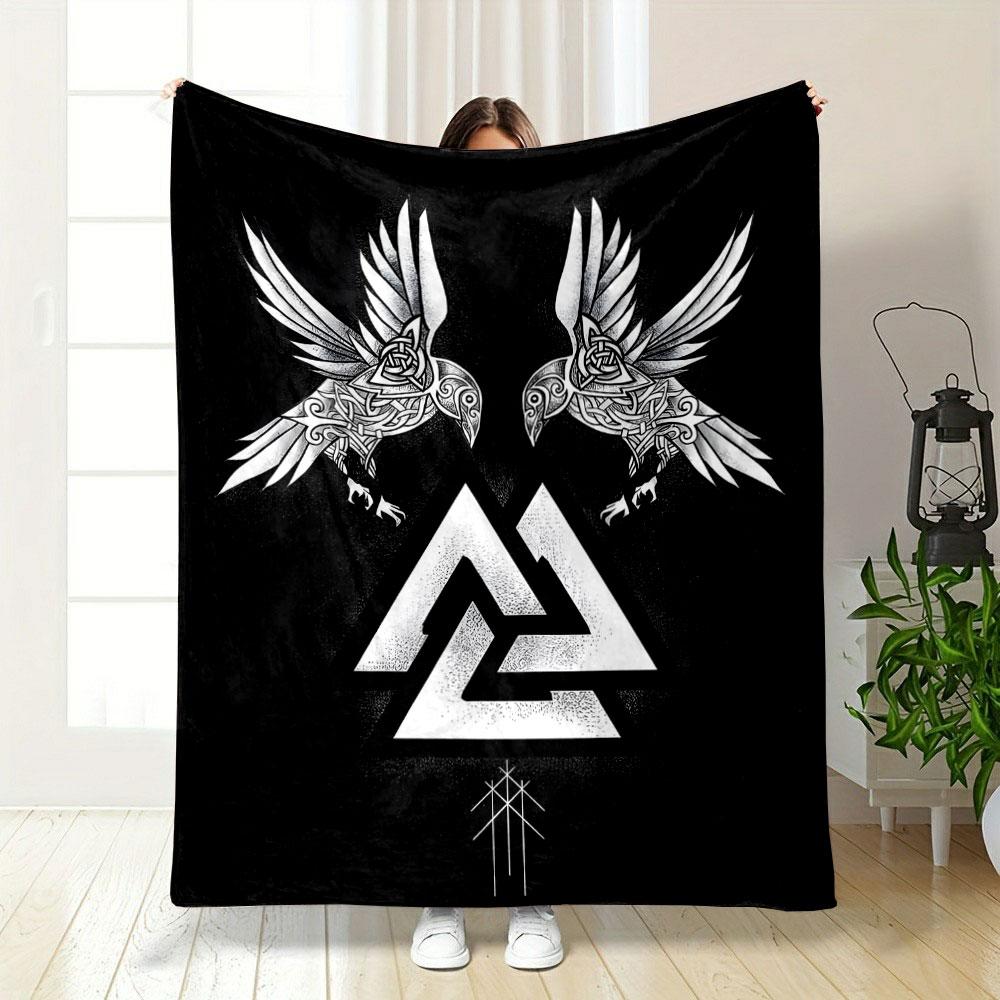 Nordic Ravens & Valknut Symbol Design Patterned blanket, flannel, suitable for all seasons, home decor, warm and cozy