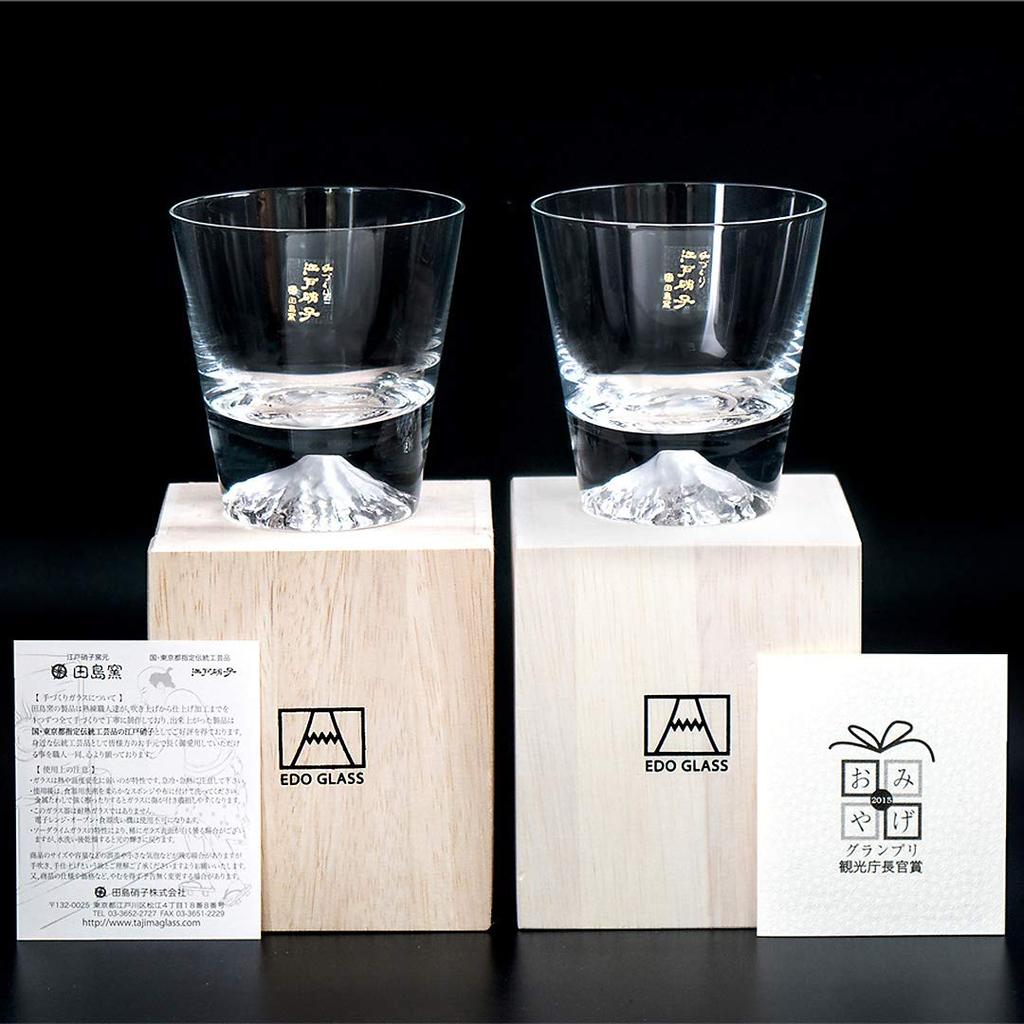 Fuji Tajima Glass Plain Rocks Glass Set Souvenir Grand Prix Edo Edo 60th Celebration Made in Paulownia Wood Includes Views of Mount Fuji Postcard x