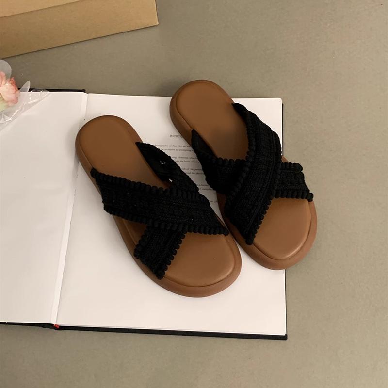 Summers Women Flat Bottom Slipper Open Toe Summer Retro Woven Cross Bohemian Style Slides Sandals Casual Outside Beach Slipper