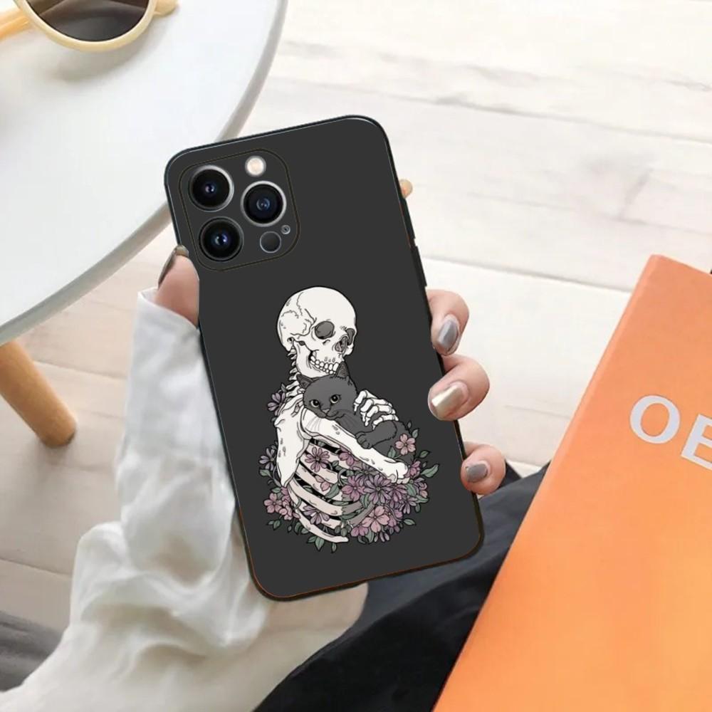 Skeleton Cat Painted Phone Case For iPhone 15,14,13,12,11,Plus,Pro Max,XS,X,XR,SE,Mini,8,7 Soft Silicone Black Cover