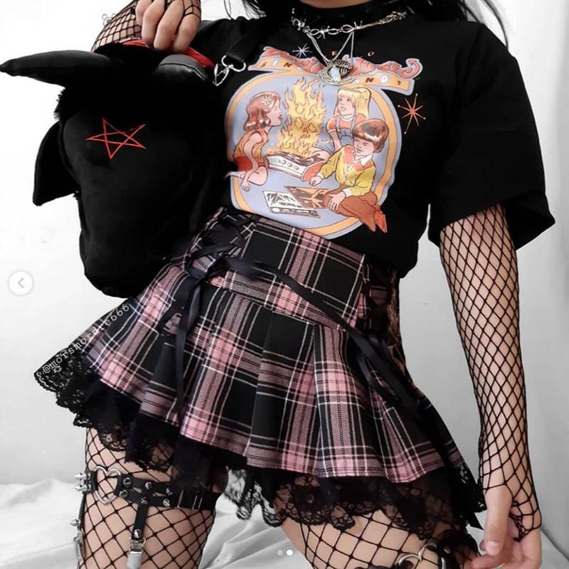 Womens Stripe Pleated Skirts Tank Cute Sweet Girls School Skirt Plaid Lace Up Mini Goth Gloves Skirt Lace