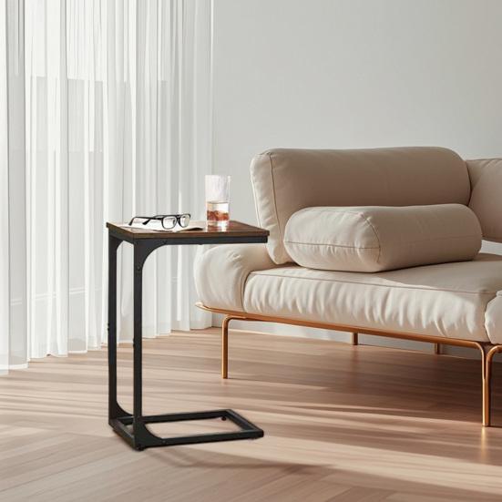 Narrow C-Shaped End Table Slim Couch Side Table Small Space Living Room Bedroom Rustic Slide Under Sofa Bed Skinny Snack TV Tray Table