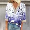 Женская модная футболка с V-образным вырезом и кружевным винтажным цветочным принтом, повседневный топ с семью рукавами