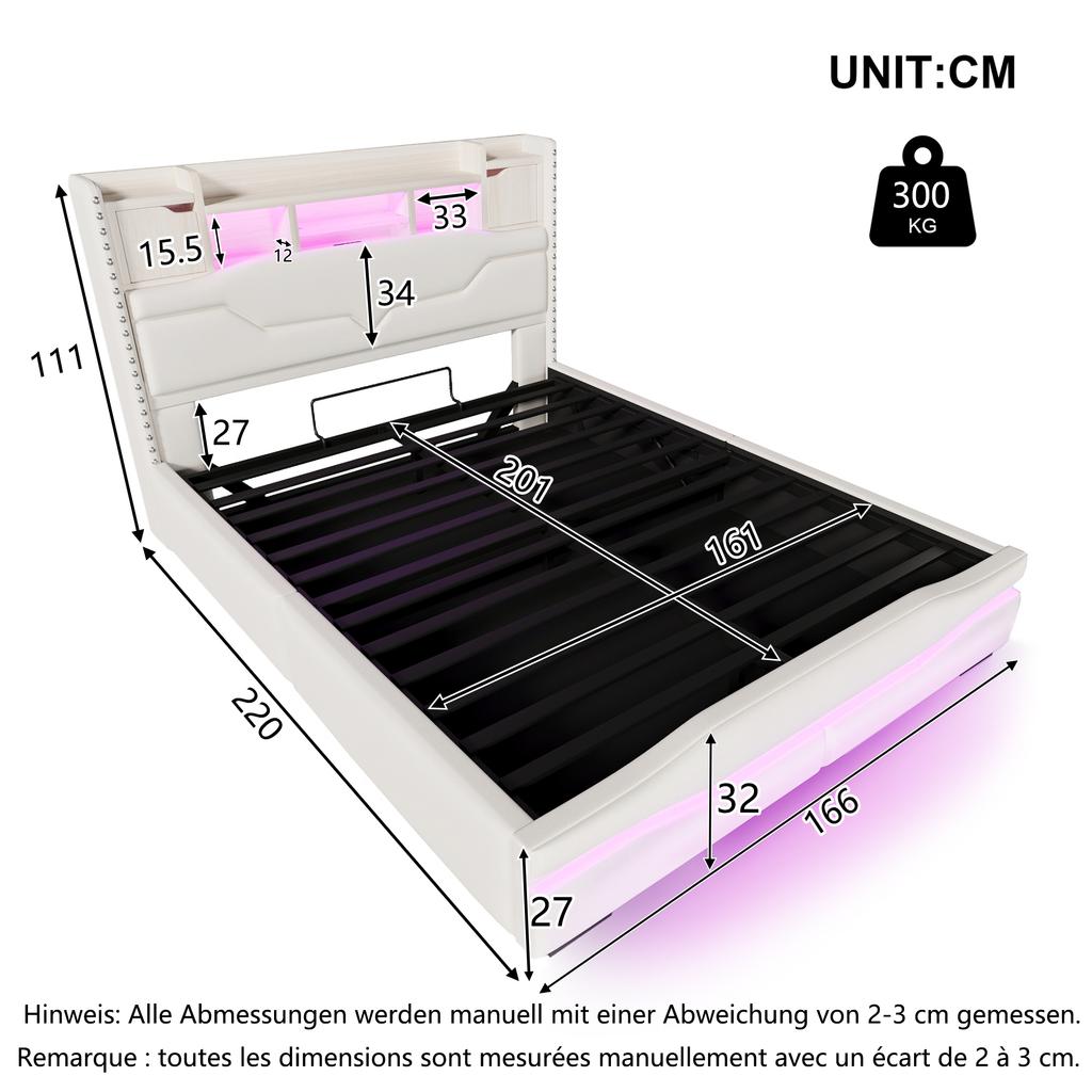 Upholstered Bed, 160x200cm, USB-C Charging Function, Ambient Lighting Strip, Headboard Storage, Hydraulic Storage, Without Mattress, LED Lights, Beige