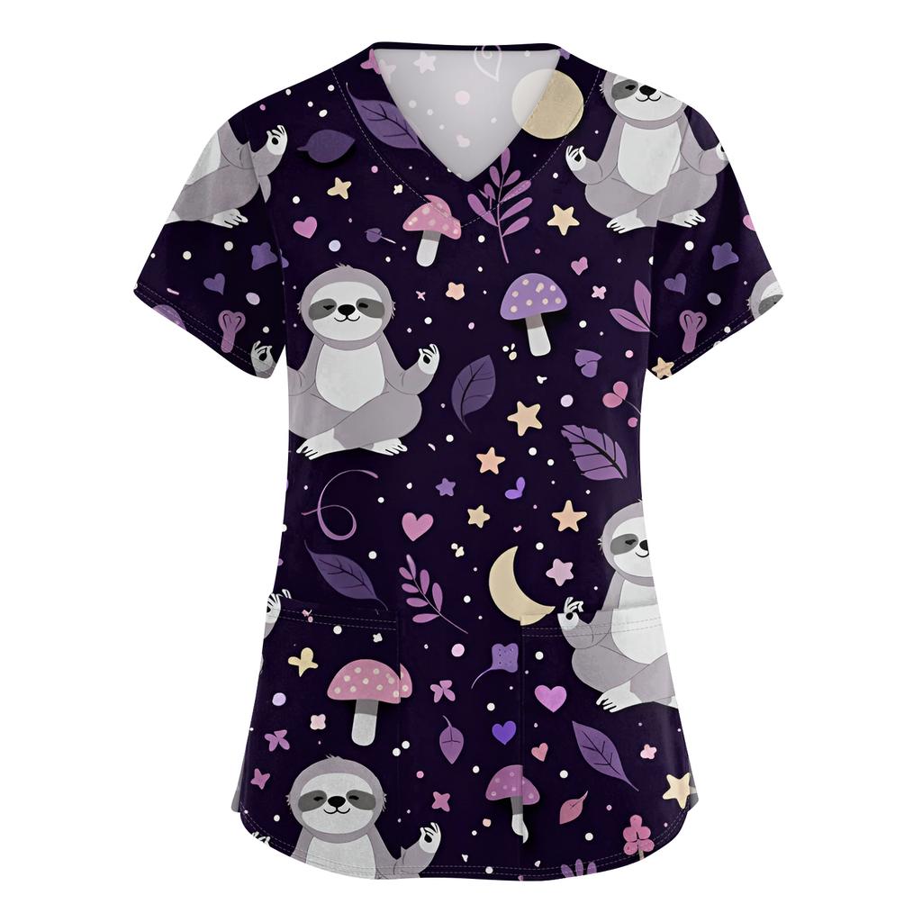 Women's Casual Short-Sleeve Cute Animal Print V-Neck Pocket Top