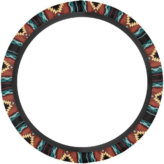 Steering Wheel Cover Ethnic Style Auto Wheel Cover Made of Coarse Flax, Fits 14 1/2-15 1/4 inches Car Wheel - Retro Red Westen Tribe