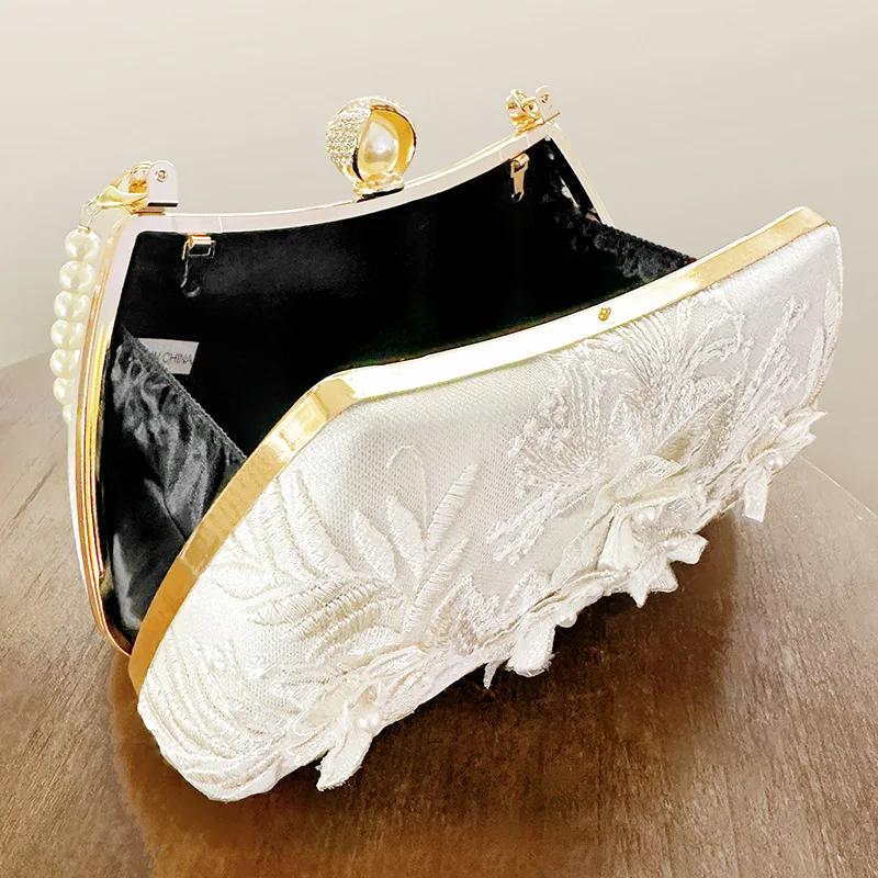 Сумки с жемчужной цепочкой для женщин, вышитые белые женские сумки-чонсамы, роскошные вечерние сумки, сумки через плечо, свадебные, бал, вечеринка