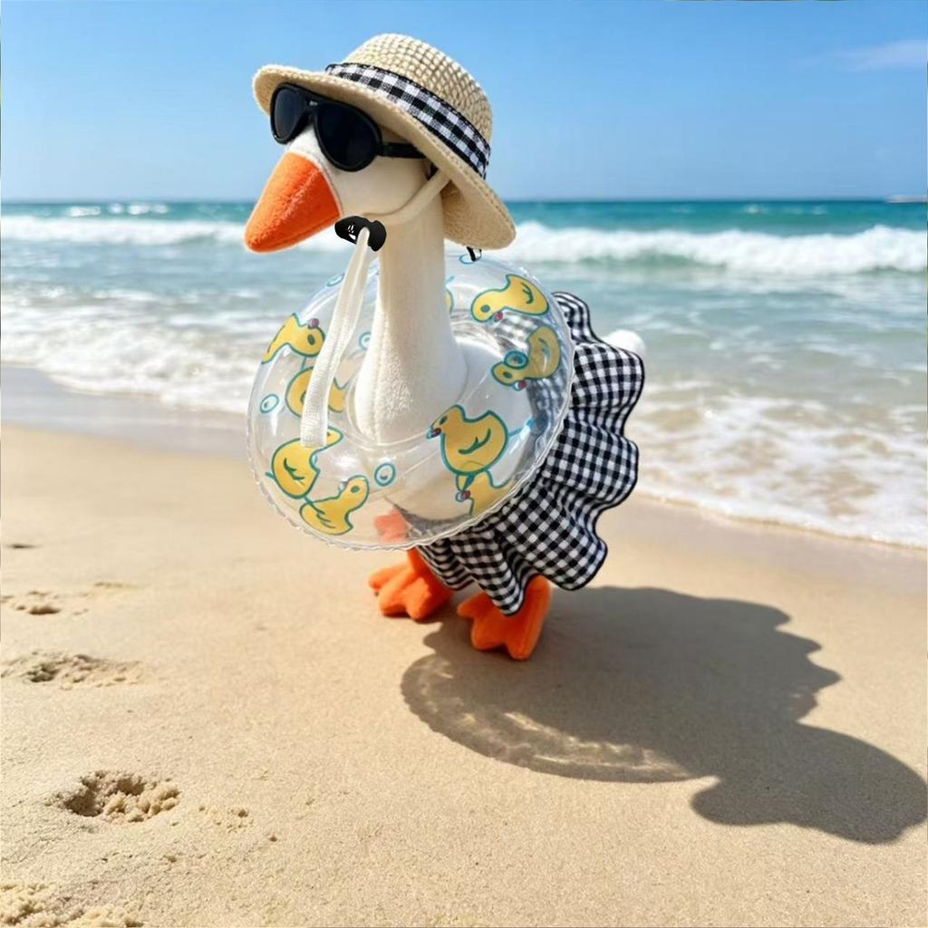 7-Inch Desktop Goose Costume with Swim Ring Skirt Set - Cute Summer Beach Vacation Outfit for Pool Party Mini Plush Figure Novelty Wear in Beach