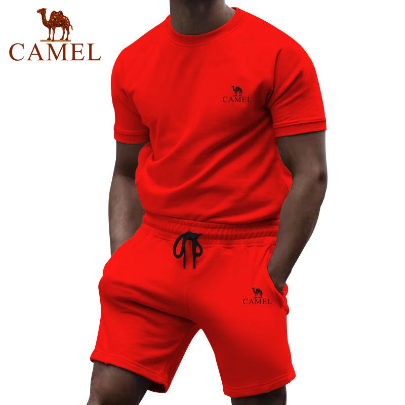 Camel Short Sleeved Men's Summer Casual Fashion Solid Color Two-piece Sports Suit Trendy Quarter Pants