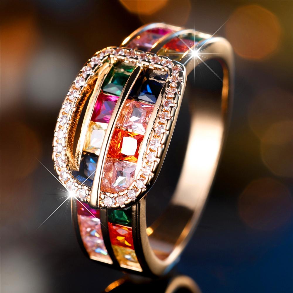 Очаровательное женское кольцо на палец с камнем радужного циркона, винтажное, золотого цвета, обручальное, свадебное украшение для женщин