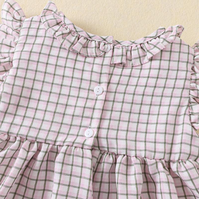 Girls Summer Cotton Plaid Dress Cute Butterfly Embroidery Smocked Flutter Sleeve A Line Thin Princess Dress for Kids