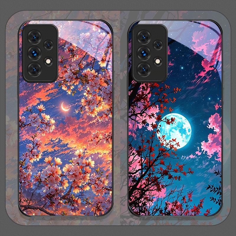 Чехол из закаленного стекла с рисунком «Лунное цветение сакуры» для Samsung Galaxy A56 A72 A55 A54 A53 A52 A36 A15 A14 A13
