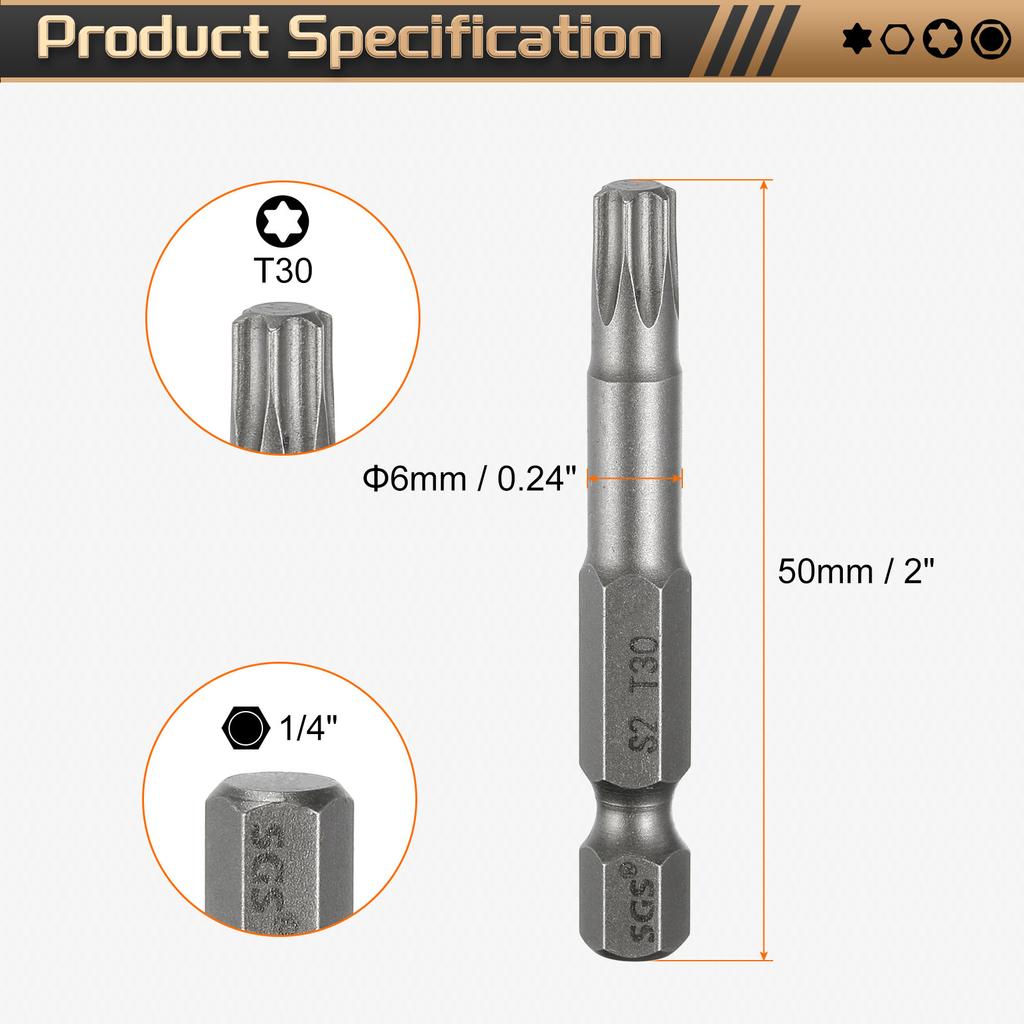 Набор бит для отвертки Torx T5-T50, 1/4" шестигранный хвостовик, 50 мм, магнитный, без отверстия, с защитой от взлома, 6-лучевая звезда, S2, биты для шуруповерта