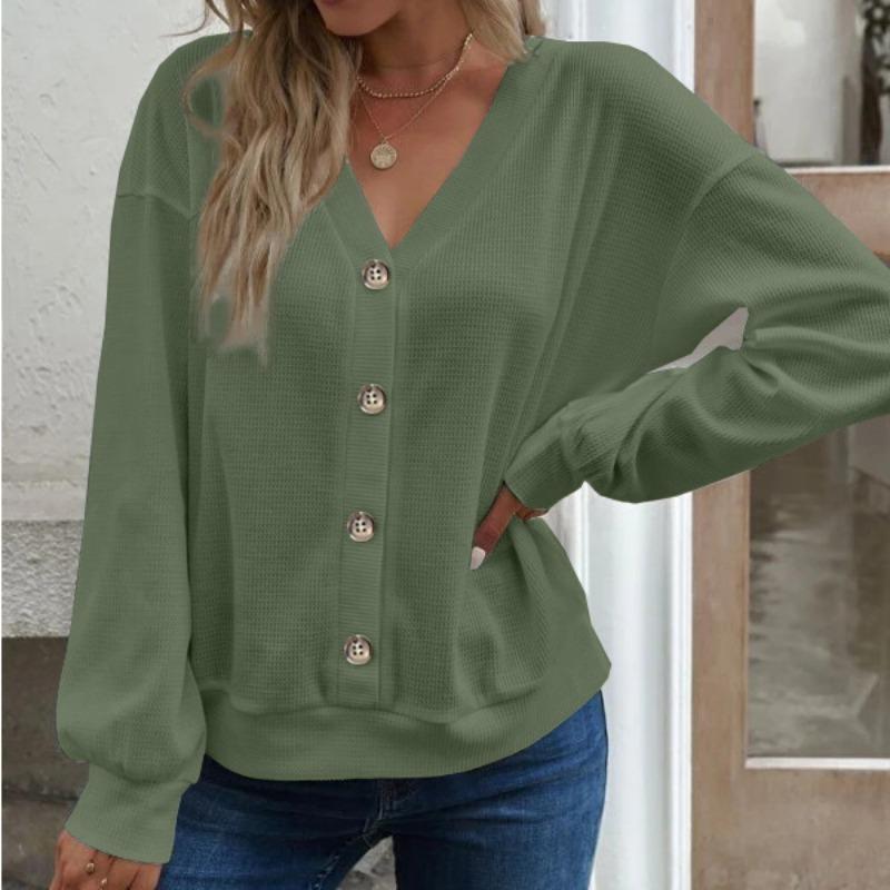 Осенне-зимний женский топ с длинными рукавами и v-образным вырезом, свободная женская футболка с v-образным вырезом на пуговицах и длинными рукавами