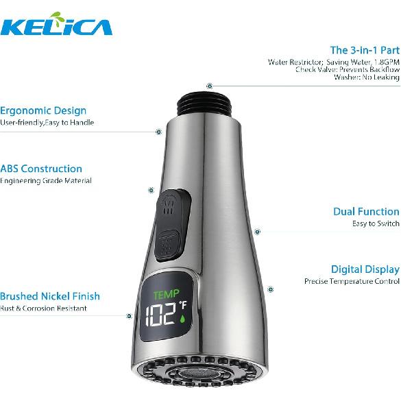 Kelica LED Faucet Head Replacement, Pull Down Kitchen Sink Faucet Head Replacement with LED Temperature Display, Kitchen Faucet Sprayer Nozzle, 2