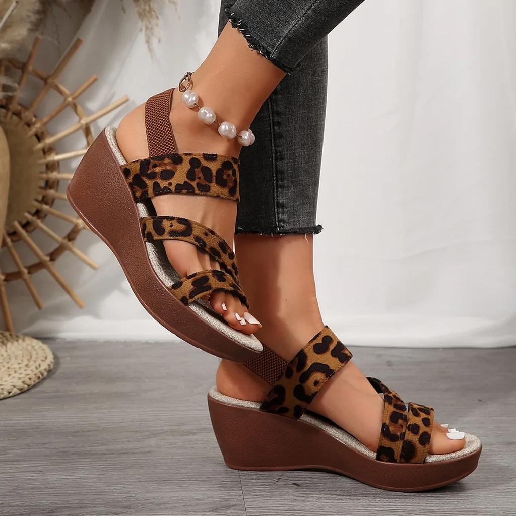 2024 Summer High-quality Women's Shoes Fashion Open-toe Leopard Print Color Wedge One-line Buckle Women's High-heeled Sandals
