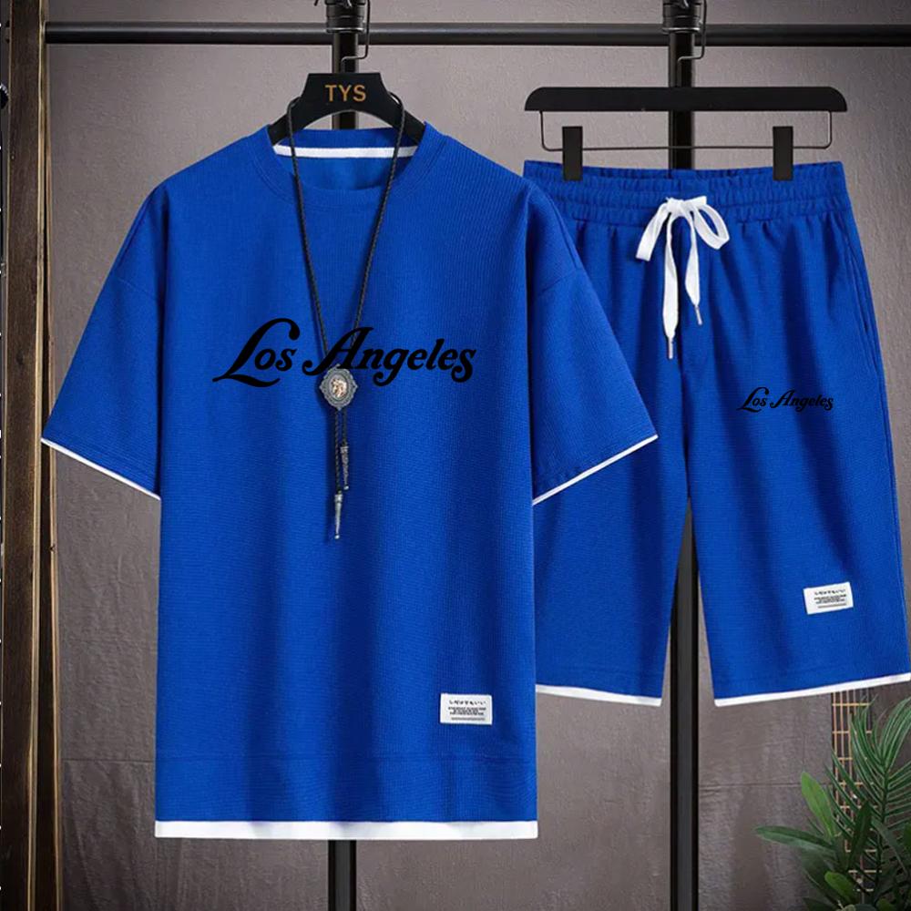 Футболка и спортивные шорты Los Angeles, спортивный комплект, мужской летний костюм, мужской летний костюм, простой и повседневный вафельный короткий рукав