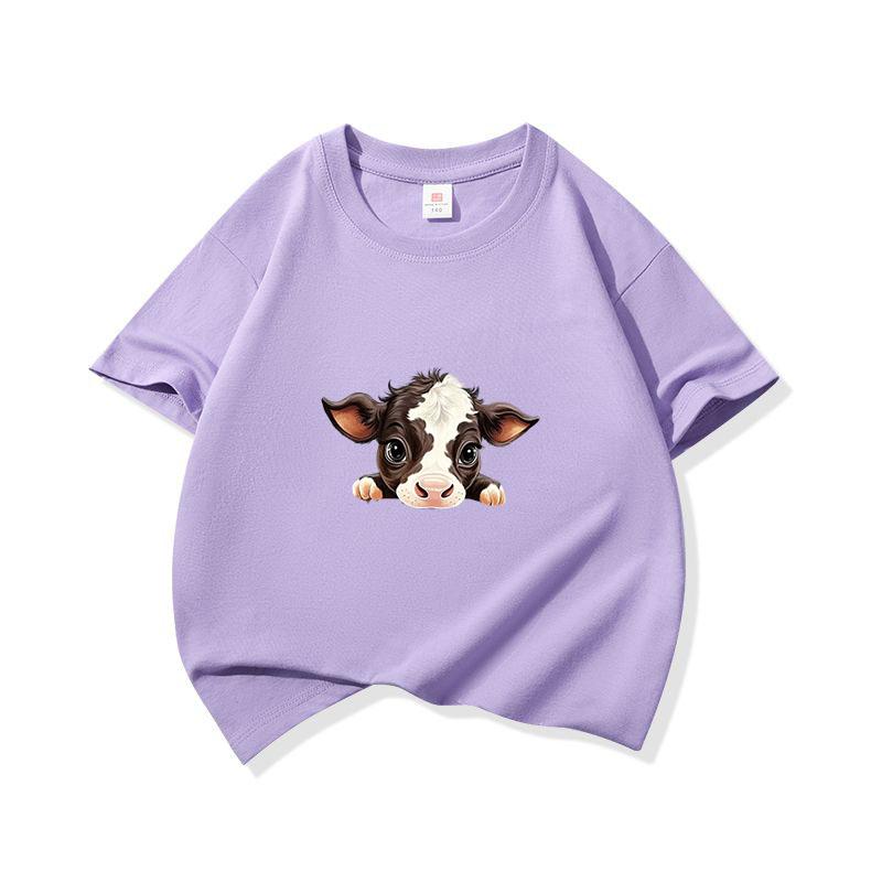Kids Cotton T Shirt Dark Brown Baby Cow Peeking Print Crew Neck Short Sleeve Tee Casual Boys Girls Summer Tops