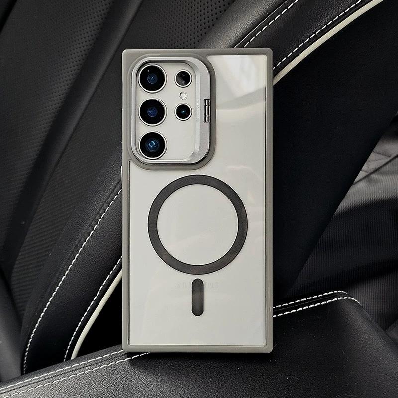 Складная подставка-держатель для объектива камеры для чехла MagSafe для Samsung Galaxy S24 S23 S22 Ultra Plus Прозрачная жесткая акриловая магнитная крышка