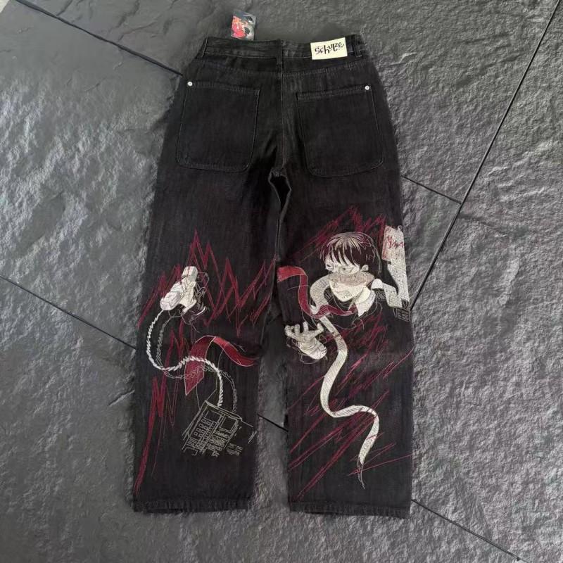 Mens Streetwear Loose Fit Denim Pants With Plum Blossom Embroidery Casual Straight Leg Jeans