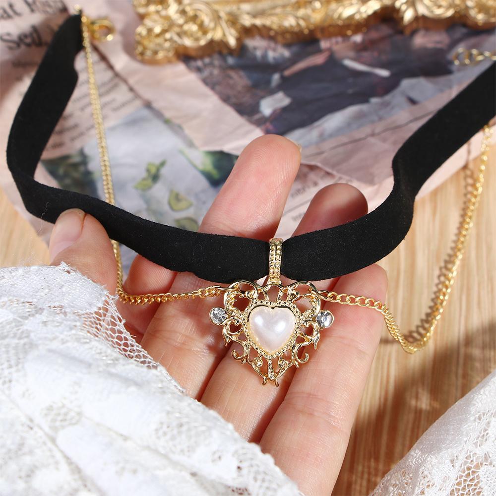 Party Imitation Pearls Velvet Jewelry Short Vintage Love Heart Heart Necklace Pendant Choker Chain