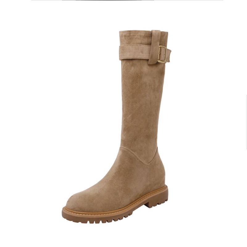 Модные осенне-зимние женские ботинки Модные ботинки на платформе с круглым носком и пряжкой-ремнем для женщин Женская обувь Толстый каблук Ботинки до колена Эластичные ботинки