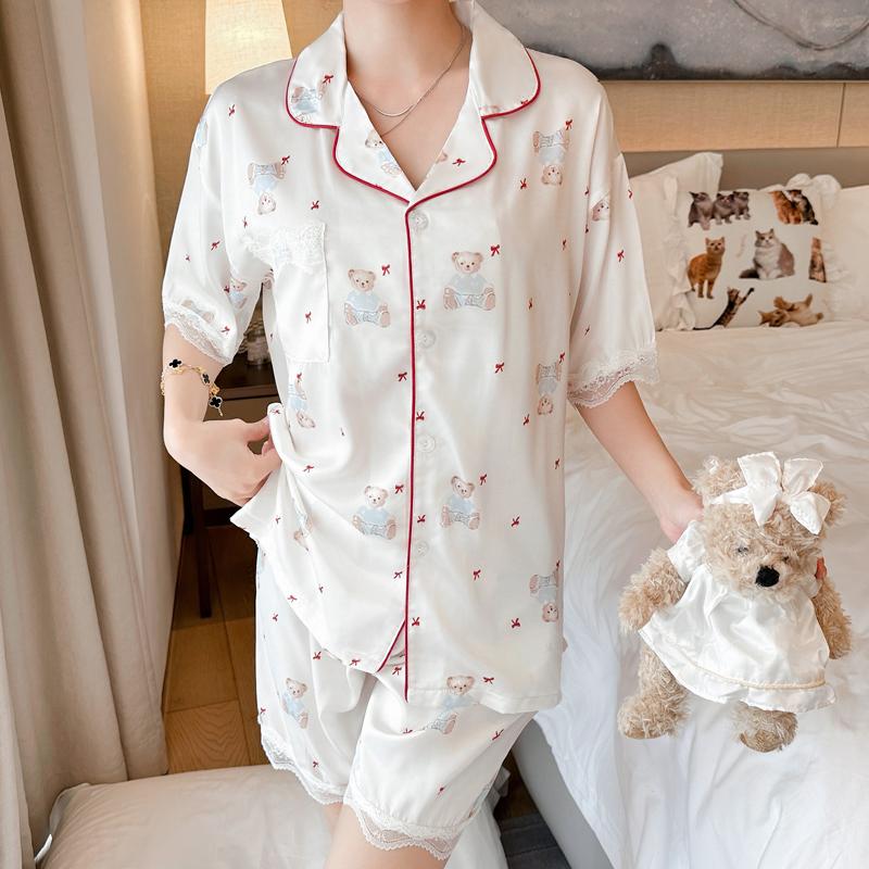 Summer Pink Women's Pajamas Set Luxury Satin Silk Pyjamas Short Sleeve Cute Cartoon Bear Print Sleepwear Casual Home Clothes Nightwear for Women