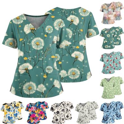 Женский повседневный топ с принтом, V-образным вырезом, карманом, боковым разрезом и короткими рукавами