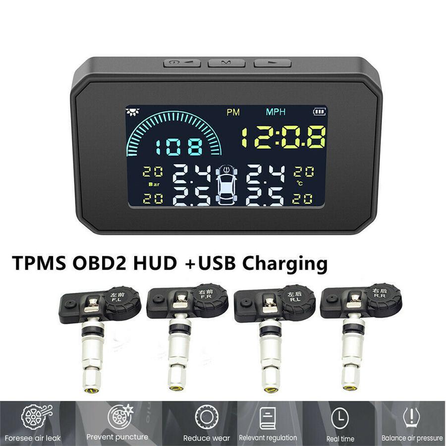 Wireless Car TPMS OBD2 HUD Solar USB Tire Pressure Monitoring 4 Internal Sensors speed/MPG