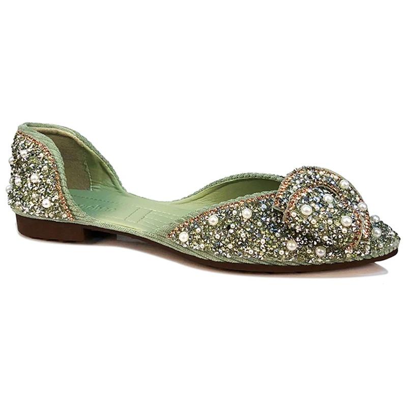 Модные блестящие хрустальные балетки женские 2024 новые мягкие туфли для вечеринок с жемчугом женские роскошные блестящие туфли для мам со стразами