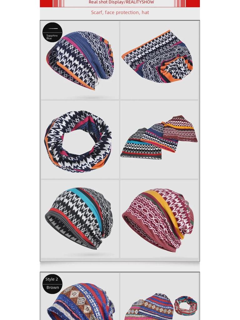 Женская шапка-пуловер двойного назначения в этническом стиле и шарф, а также теплый бархатный платок на голову для весны, осени и зимы