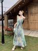 Женское летнее ретро французское платье-макси с tie-dye, на тонких бретельках, с оборками, А-силуэта