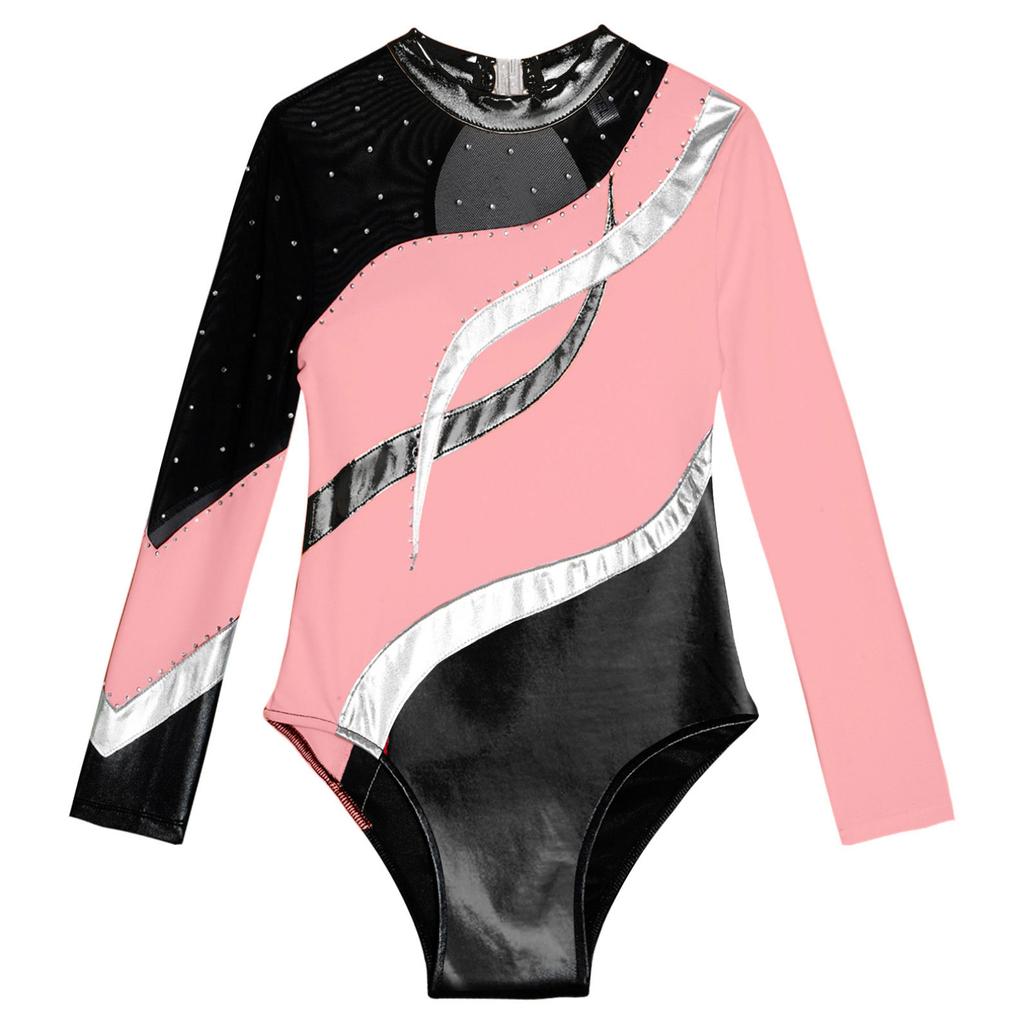Kids Girls One Piece Leotard Shiny Rhinestone Decorated Gymnastics Jumpsuit Practice Outfits