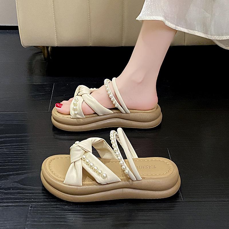 Cross cool slippers one word fashion fairy wind pearl with skirt girl 2025 summer thick bottom new slippers