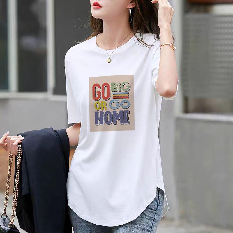 T-shirt Loose Top Black Cotton Round Neck Short Sleeve Women's Summer Curved Hem Split Fork Medium and Long Butt Cover
