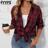 Women's Fashion Casual Spring Fall Plaid Print Long Sleeve POLO Neck Blouses & Shirts