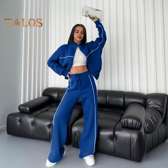 Женский комплект из 2 предметов: пальто и брюки, полувысокий воротник, застежка-молния, длинный рукав, эластичный пояс, широкие брюки, карманы, зимний повседневный спортивный костюм