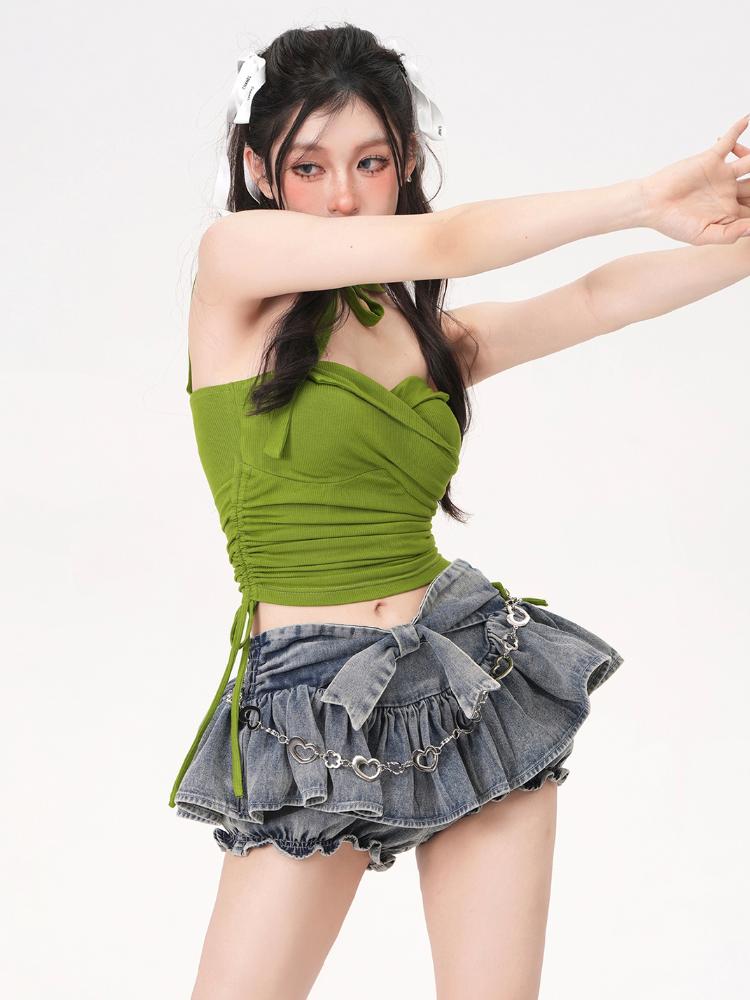 Джинсовая плиссированная юбка с бантом и тортом, американская команда поддержки, трапециевидной формы для девочек, синяя мини-юбка с высокой талией и галстуком-бабочкой, женская