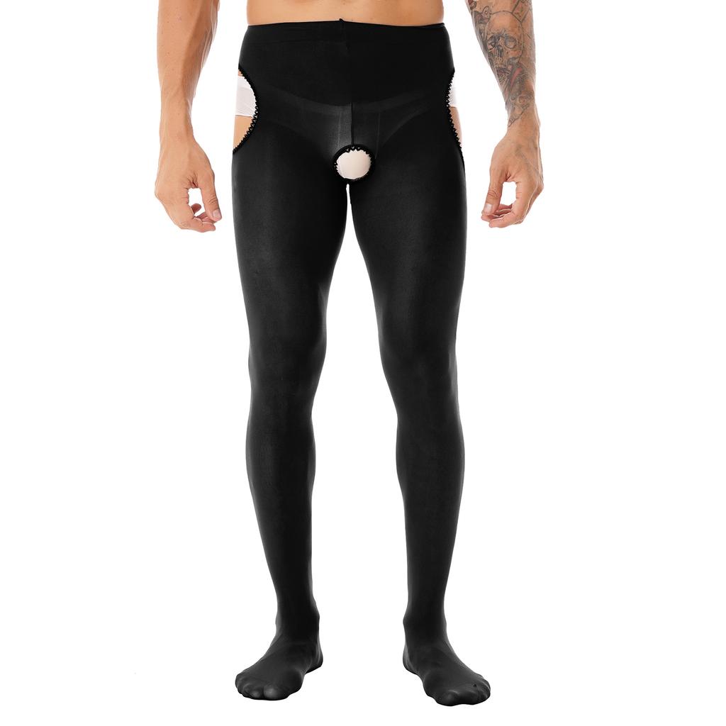 Мужские колготки с кружевной отделкой, длинные брюки с открытой промежностью, колготки, леггинсы