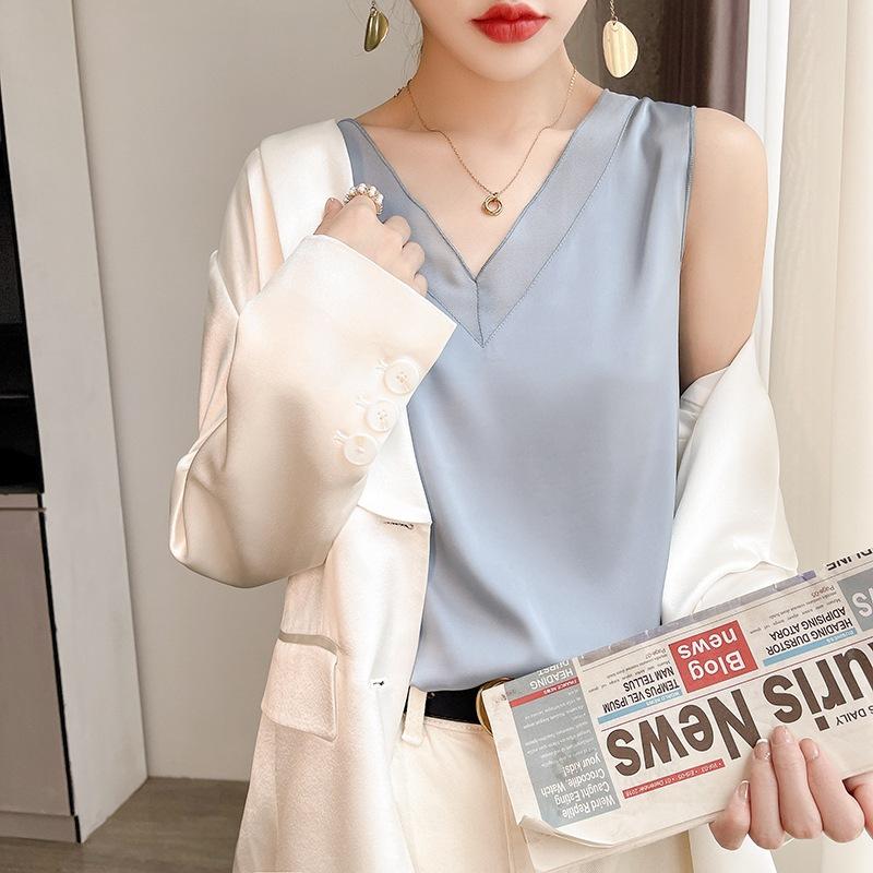 VEZFAA женские модные повседневные летние весенние однотонные блузки и рубашки без рукавов с v-образным вырезом и принтом