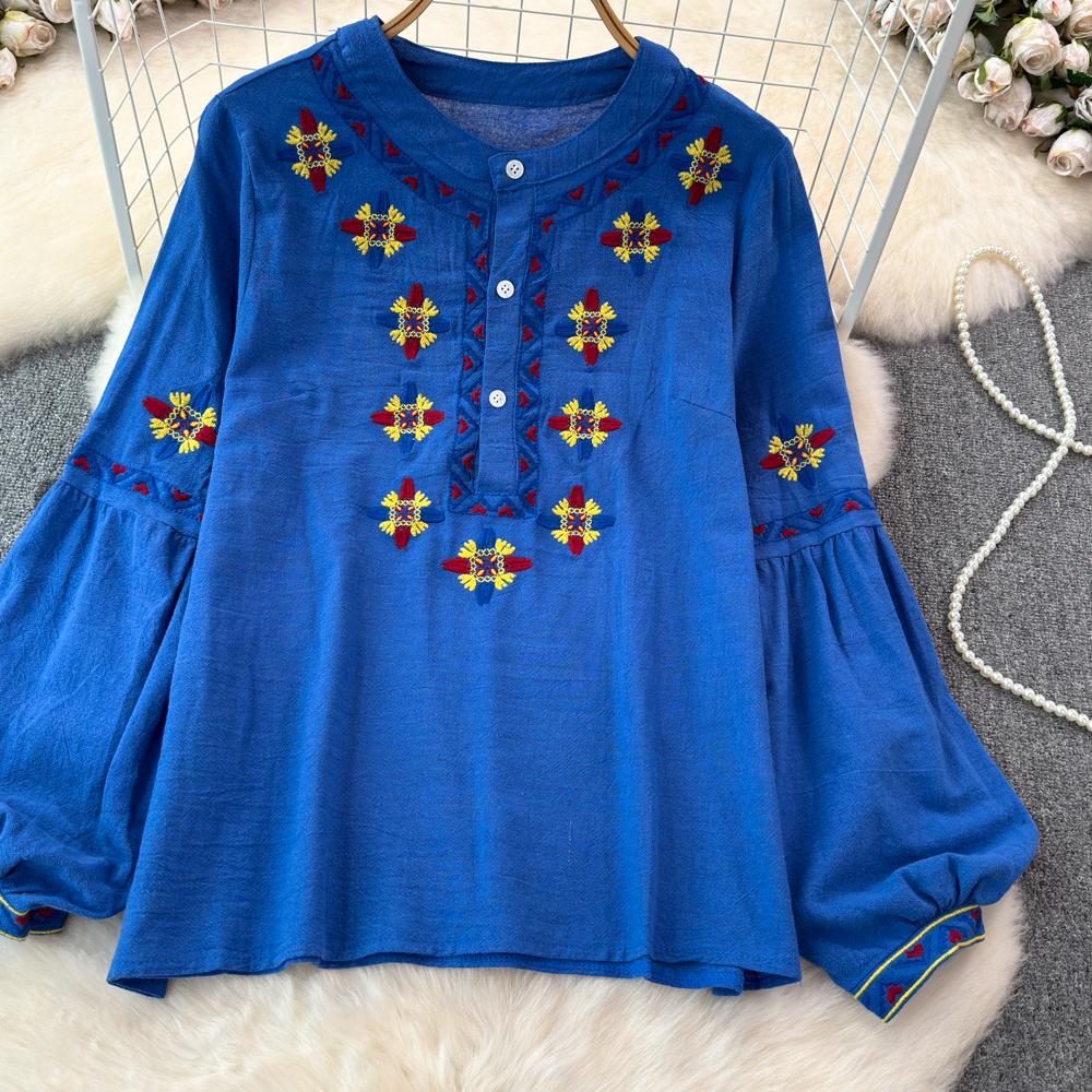 Женская блузка в этническом стиле с круглым вырезом и вышитыми рукавами-фонариками в стиле ретро, летние женские топы с цветными блоками