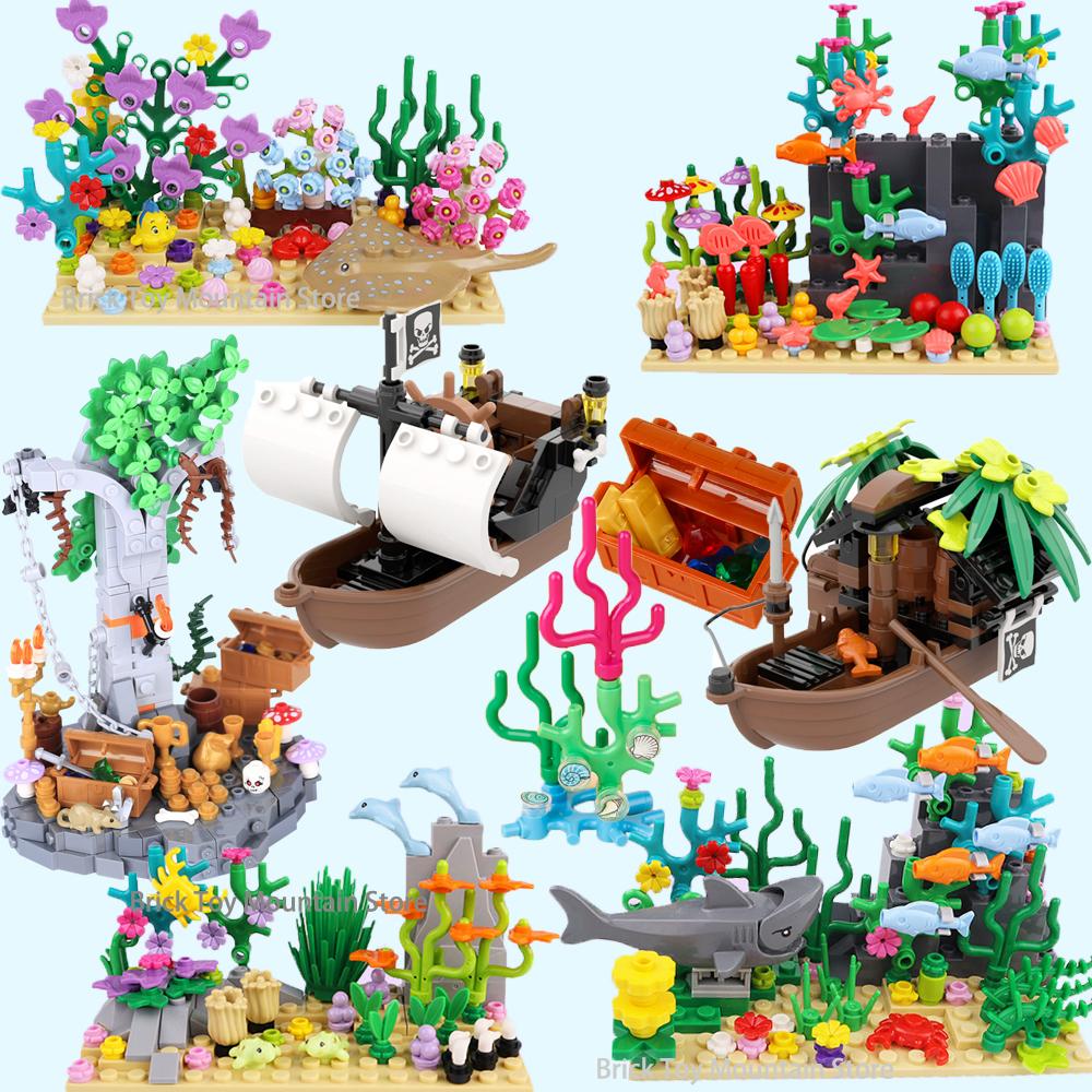 MOC Toys Мир Морских Животных Наборы Строительных Блоков Дельфин Акула Рыба-Дьявол Ракушка Водоросли Лобстер Краб Коралл Ракушка Подарки