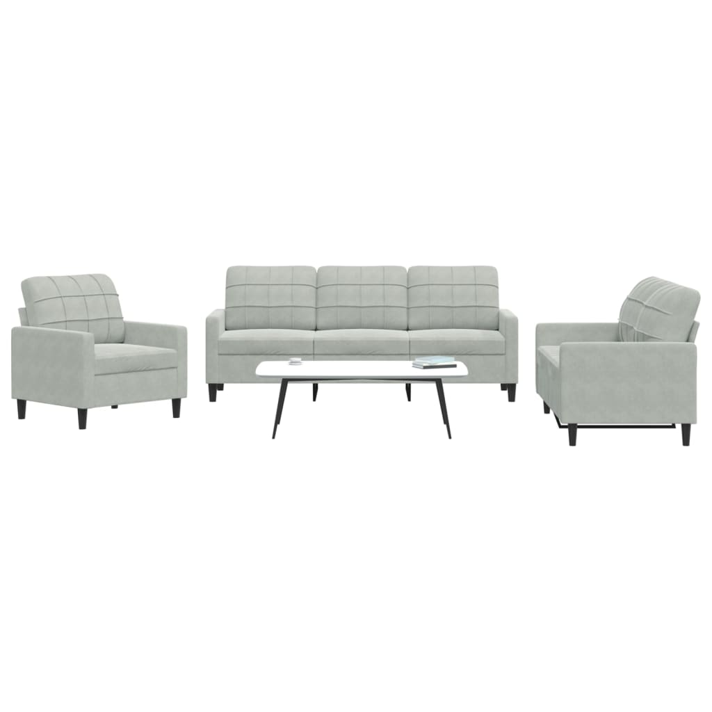 3 Piece Sofa Set with Cushions Light Grey Velvet