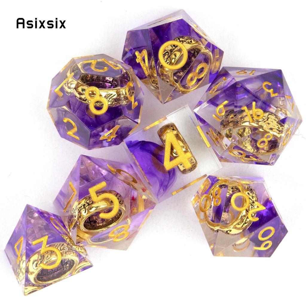 7 Pcs  Purple Resin Ring Golden Number Sharp Edge Dice Polyhedral Dice Suitable for Role-Playing RPG  Board Game