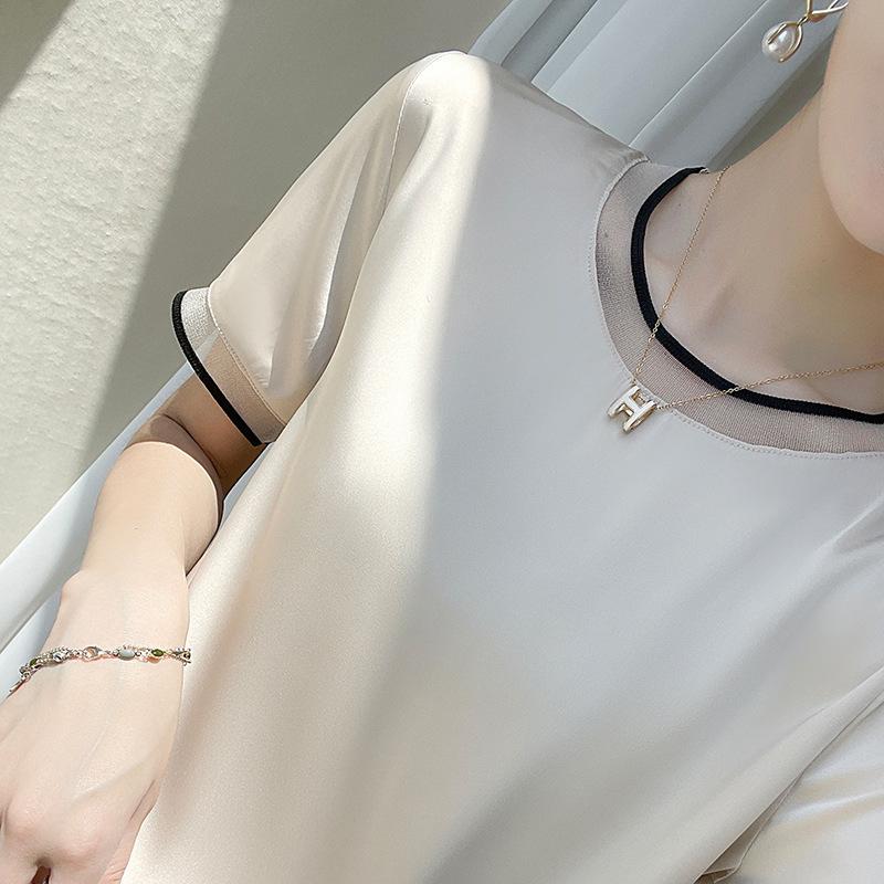 Ацетатный атласный топ с коротким рукавом для женщин, сетчатый топ с круглым вырезом, последний летний, свободный, контрастного цвета, ацетатный, с коротким рукавом