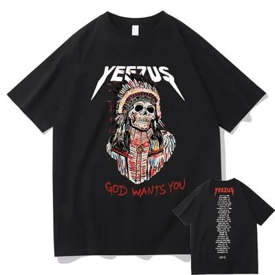 Футболка God Wants You Футболка Kanye West с двухсторонним принтом Футболки с рисунком черепа в этническом стиле Летние футболки для мужчин и женщин в стиле хип-хоп