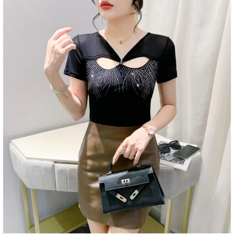 Новая летняя мода женская сетчатая футболка одежда шикарная сексуальная с V-образным вырезом с вырезами в виде ромбов футболки женские с коротким рукавом эластичные облегающие топы