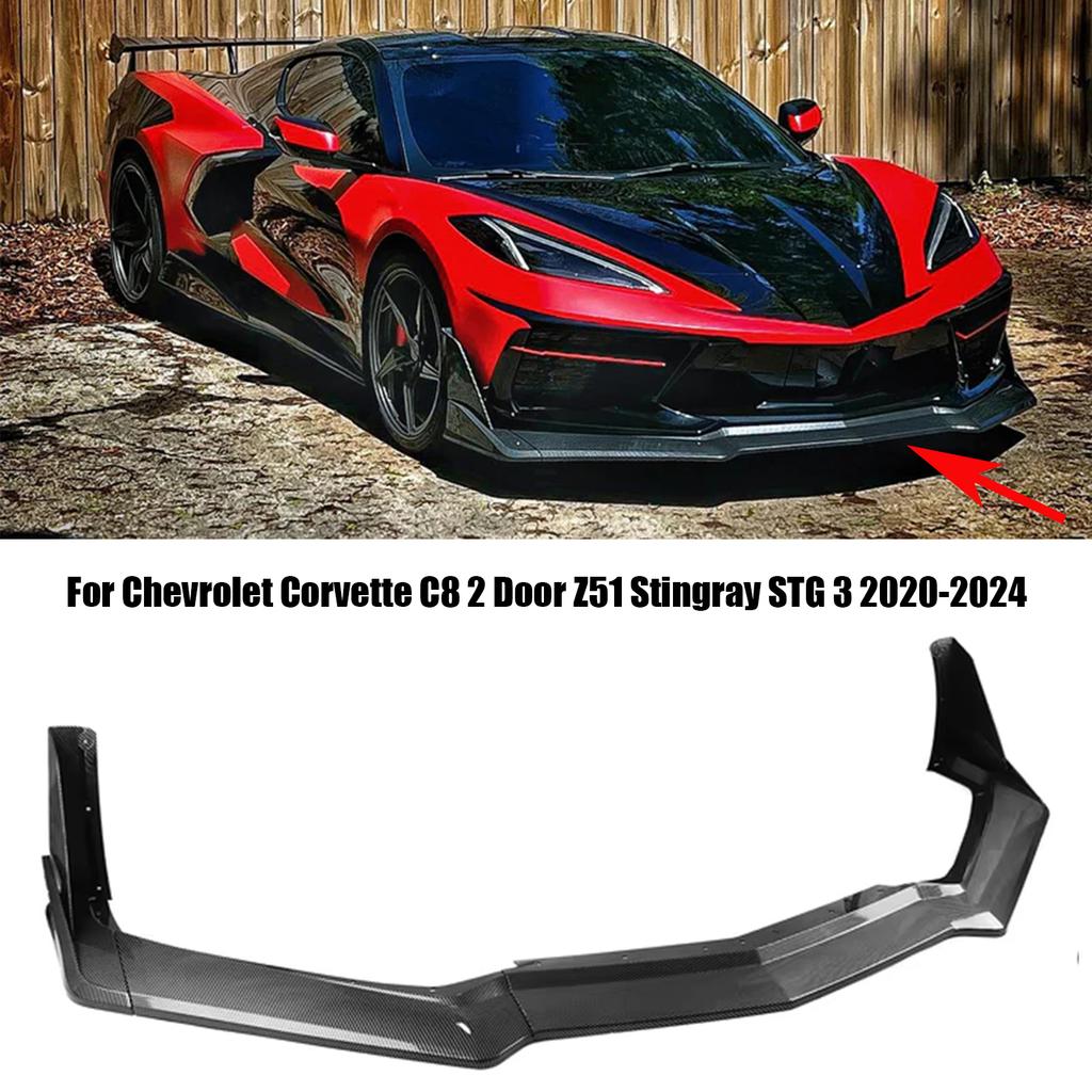 Car Front Bumper Lip Spoiler Splitter For Chevrolet Corvette C8 2 Door Z51 Stingray STG 3 2020-2024 Glossy Black Carbon Look