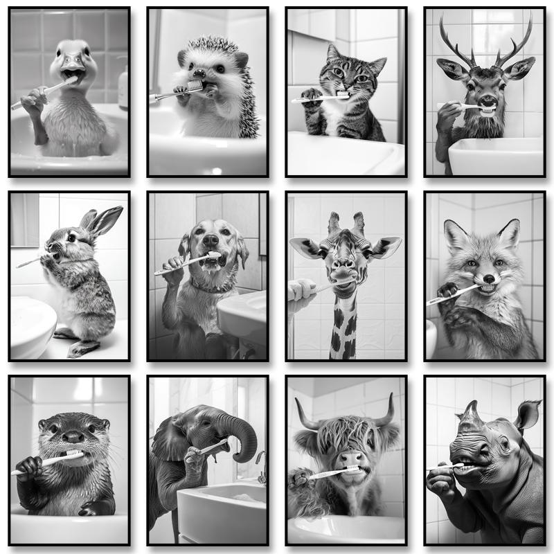 Black White Funny Bathroom Brushing Teeth Poster Vintage Style Animal Canvas Painting Print Wall Art Picture for Home ation