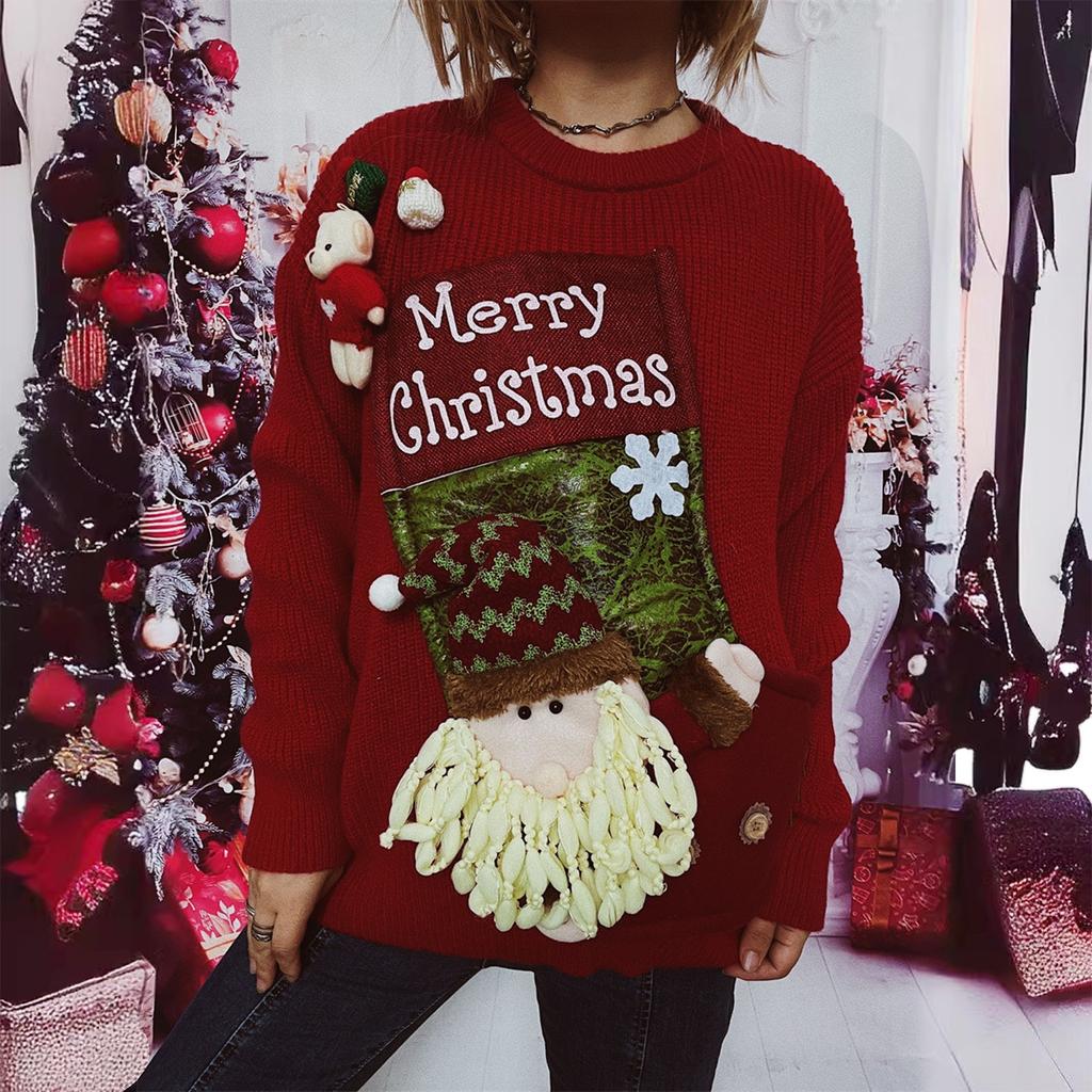 Women's Fashion Fall And Winter Christmas Loose Round Neck Pullover Knitted Sweater